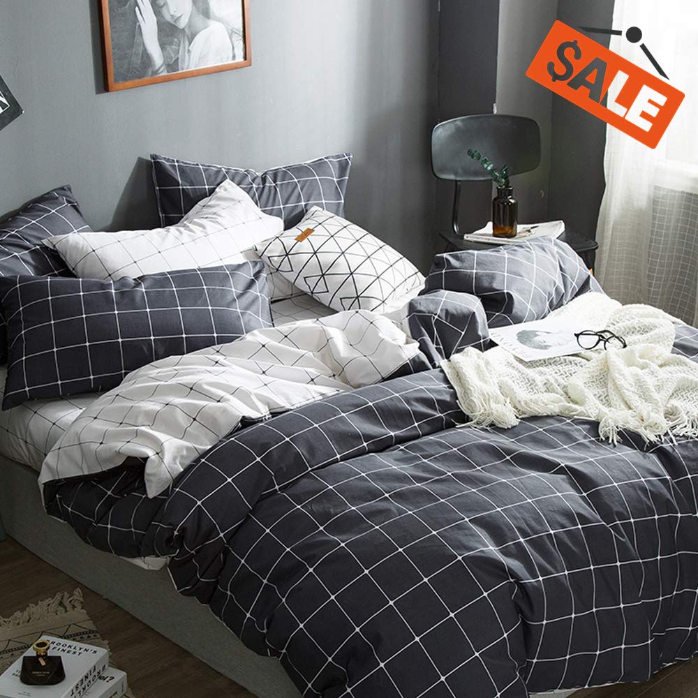 Vclife Cotton Bedding Sets Queen Full Duvet Cover Sets Boy Girl White Black Gray Bedding Collections Reversible Checkered Grid Pattern 3 Pcs Bed Sets