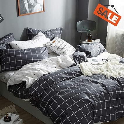 Vclife Cotton Bedding Sets Queen Full Duvet Cover Sets Boy Girl White Black Gray Bedding Collections Reversible Checkered Grid Pattern 3 Pcs Bed Sets