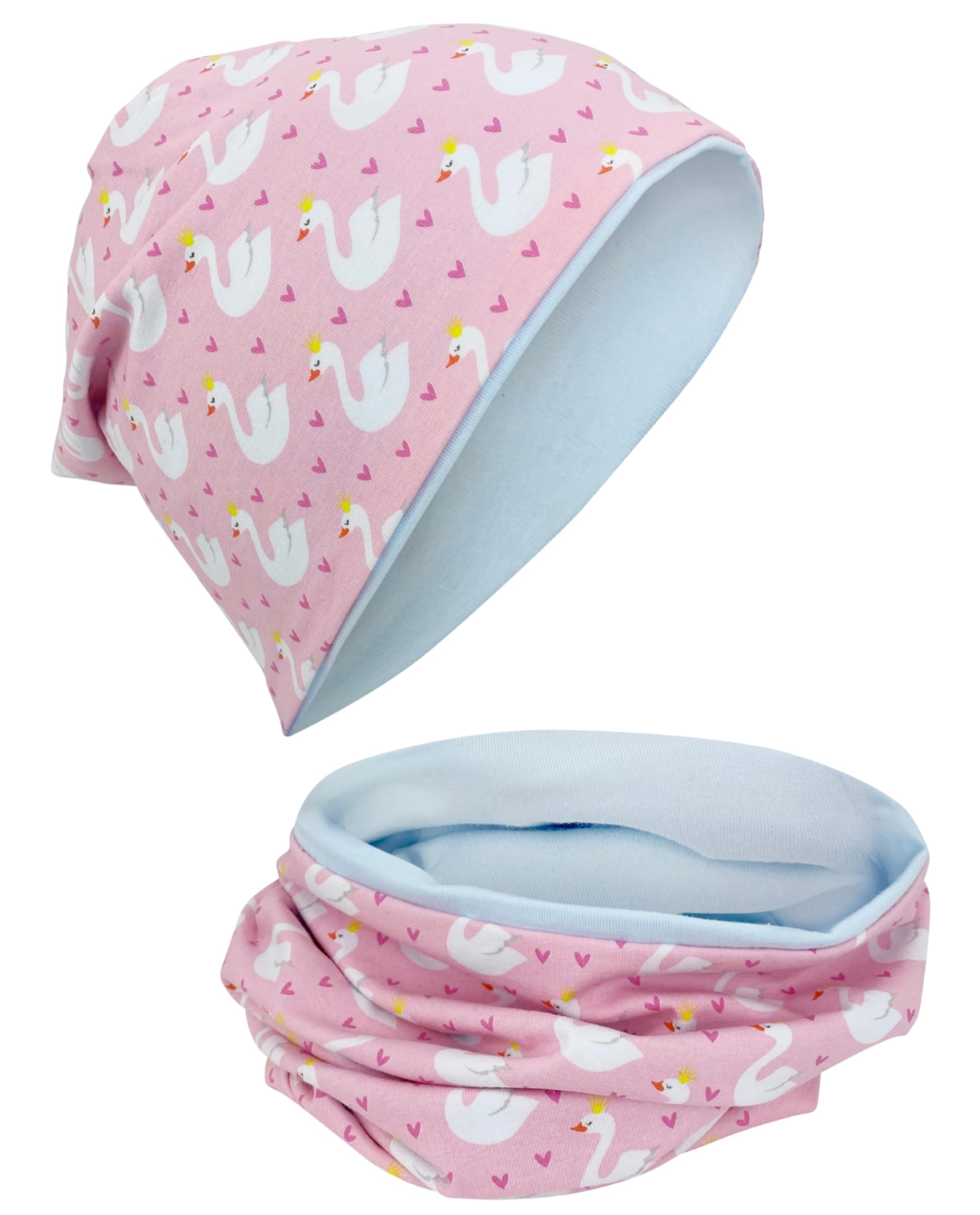 HECKBO Girls’ Beanie & Neck Warmer Set – Swan & Hearts – One Size: 2–8 Years – All Season – 95% Cotton – Pink Hat (48–54 cm)