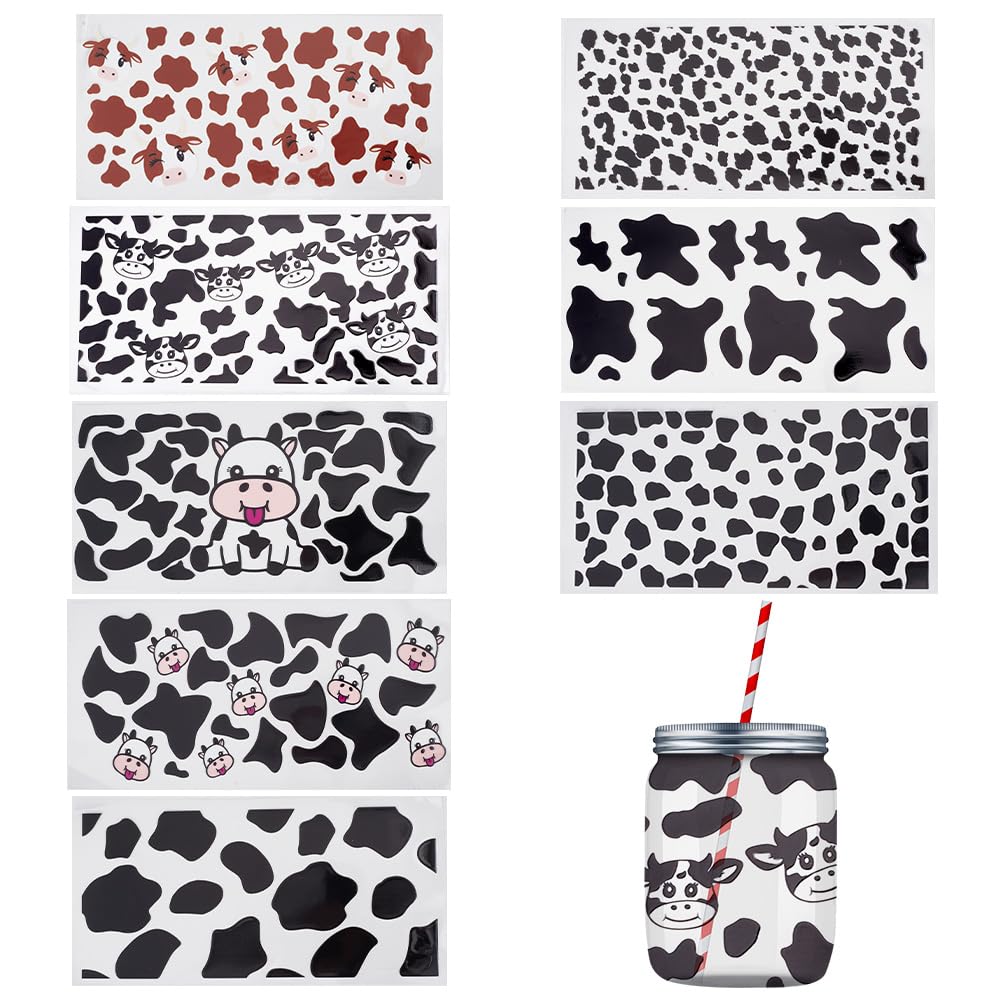 DELORIGIN 8 Styles Cow Transfer Stickers for Glass Cups, 8 Sheets Waterproof Cup Wrap Transfer Sticker Clear Film Transfer Decals for Cup Glass Crafts Desk Phone Bag Home Decor Greeting Cards