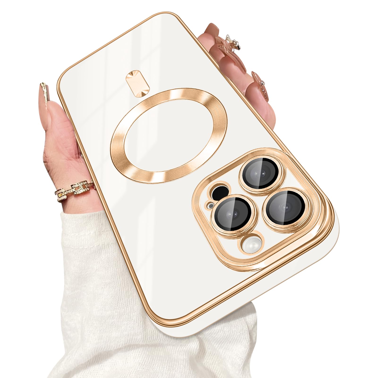 Photo 1 of Dinick Designed for iPhone 13 Pro Max Case with Magnetic [Built-in Camera Cover] Compatible with MagSafe Soft TPU Glitter Cover Anti-Scratch Protective Slim for iPhone 13 Pro Max Case White and Gold