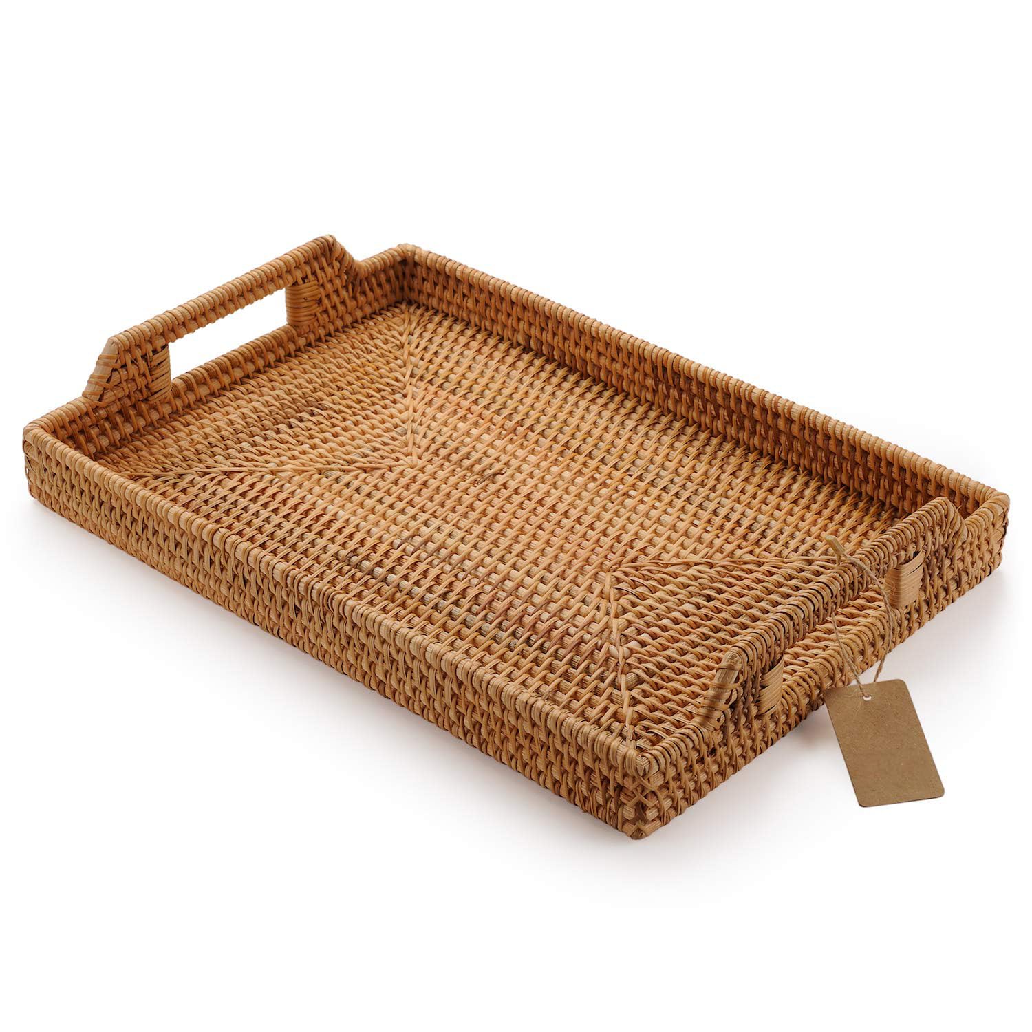 Photo 1 of Hand-Woven Rattan Rectangular Serving Tray with Handles for Breakfast, Drinks, Snack for Coffee Table (17x11.4x1.8inches)