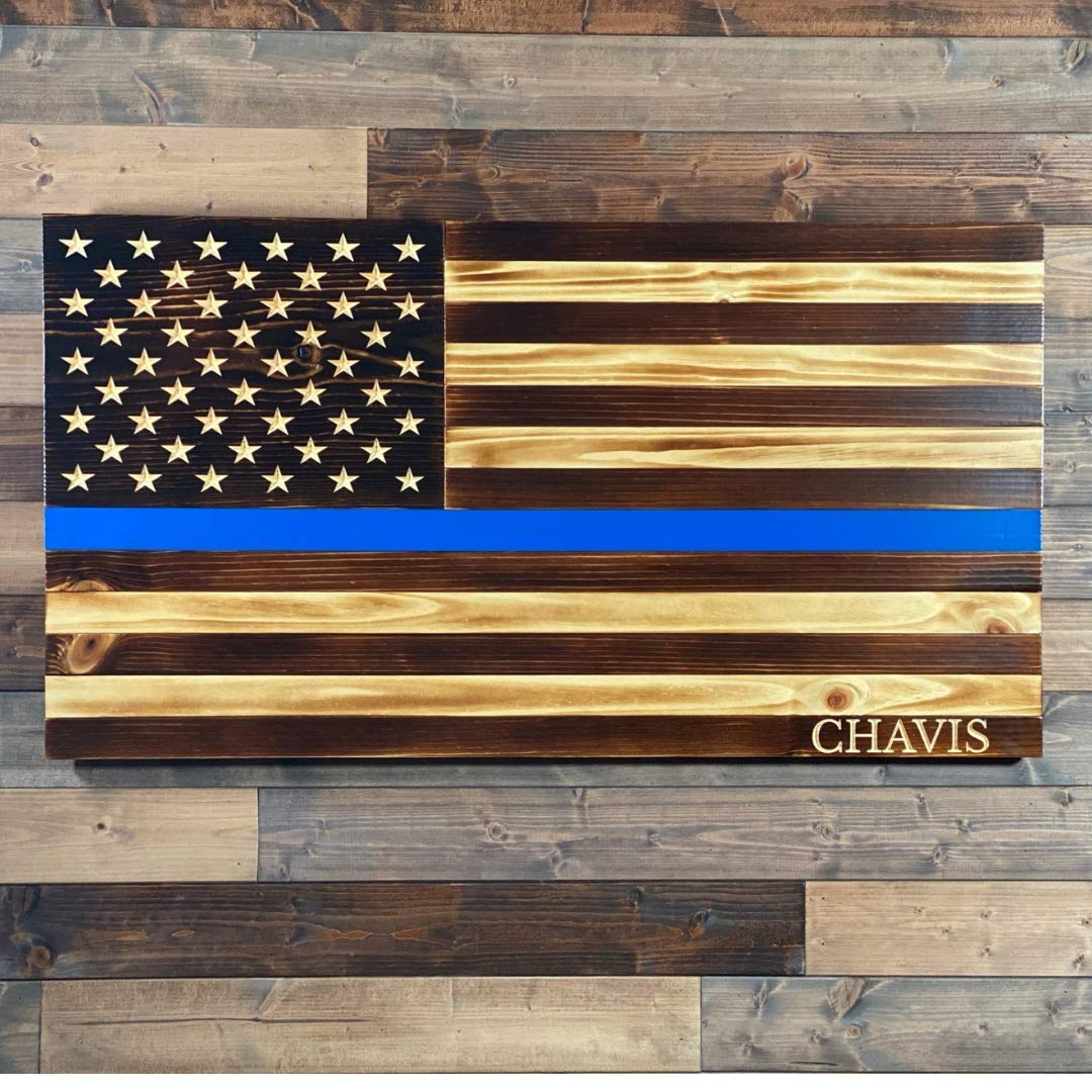 Personalized Thin Blue Line Wooden American Flag, Indoor