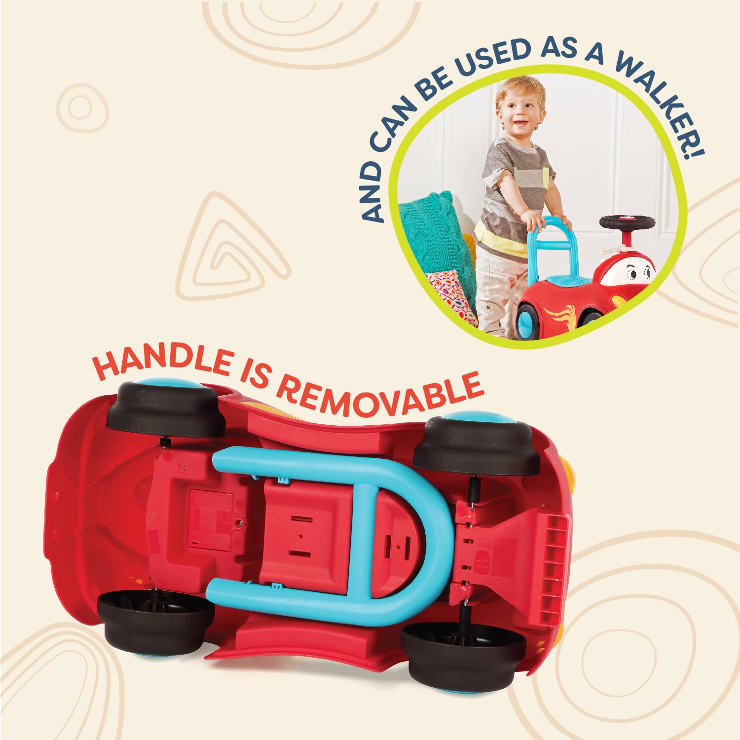 B. toys – Push CarToy – Ride – On Race Car – Walker Toy – Handle & Storage Space – Lights, Songs & Sounds – 1 Year + – Rollin' Riders – Freddy Zoom