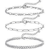 Kainier Gold Bracelets for Women 14k Gold Plated Jewelry Sets for Women Thin Dainty Stackable Paperclip Link Bracelet Adjustable Layered Waterproof Chain Bracelet Gift Gold/Silver