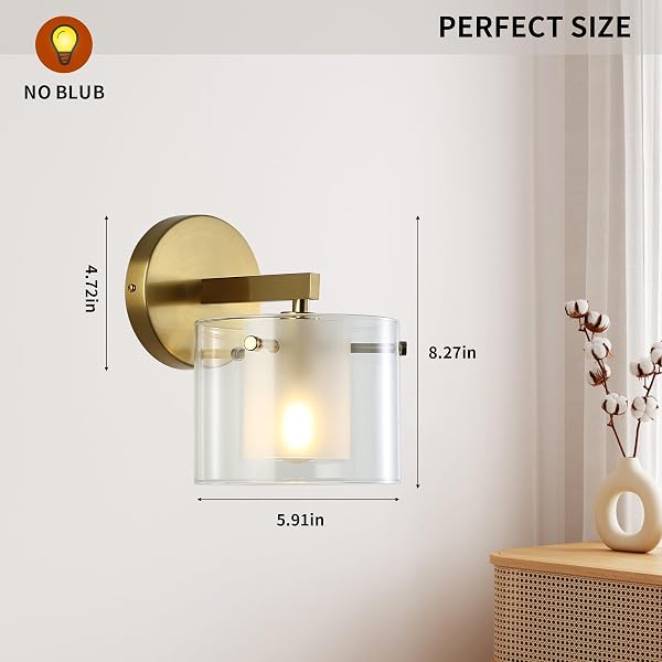 BREOMO BATHROOM WALL SCONCES, WITH DOUBLE CLEAR GLASS SHADES, GOLD WALL LIGHTS FOR BEDROOM, HARDWIRED MODERN VANITY LIGHTS FOR LIVING ROOMS, AND HALLWAYS. E12 SOCKET (GOLD, 2 PIECES)
