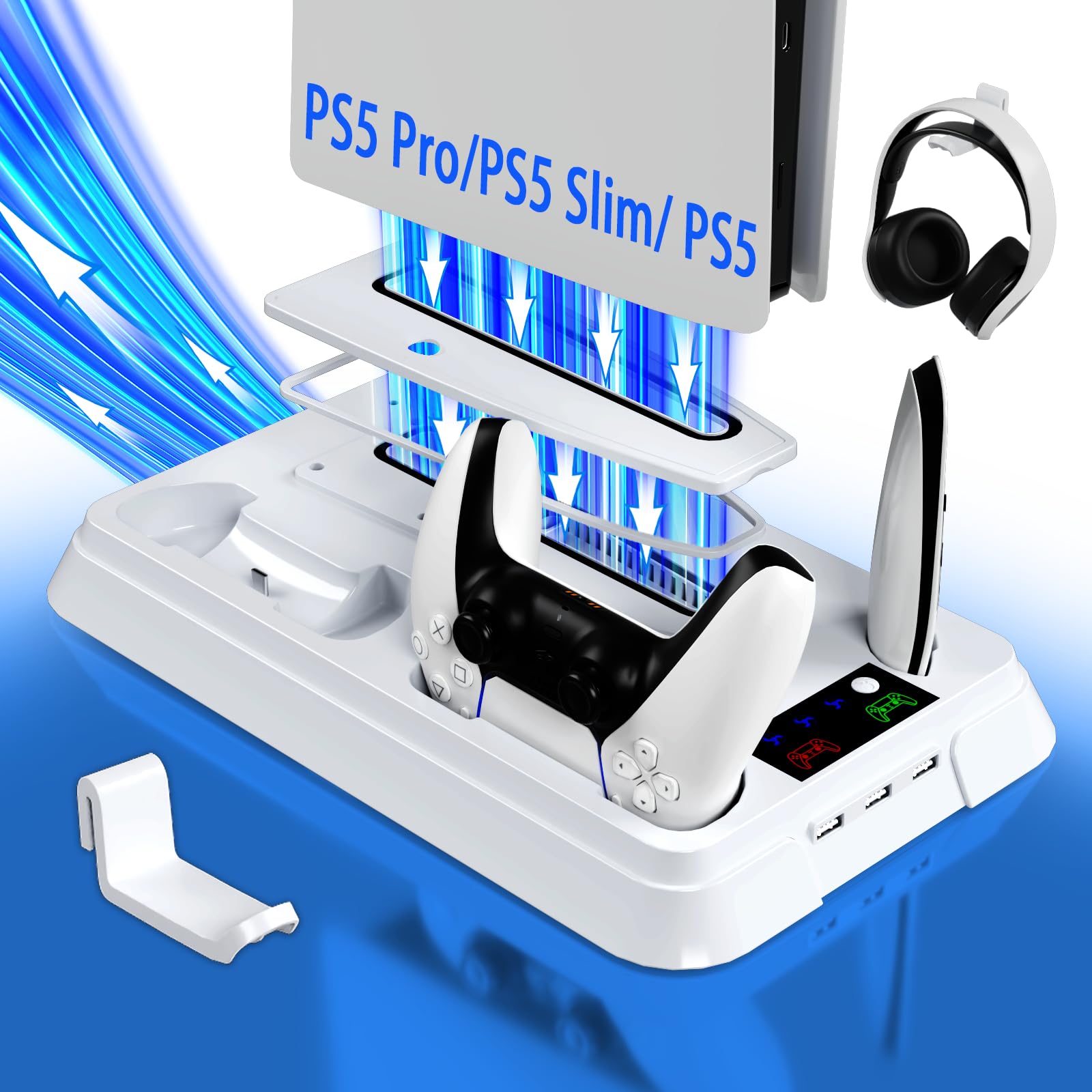 PS5/Slim/Pro Cooling Station for PlayStation 5 Console,PS5 Cooler Fan with Dual PS 5 Controller Charger Incl. 3 Level Fans,Headset,3 USB Hubs,PS5/Slim/Pro Stand for PlayStation 5 Console Accessories