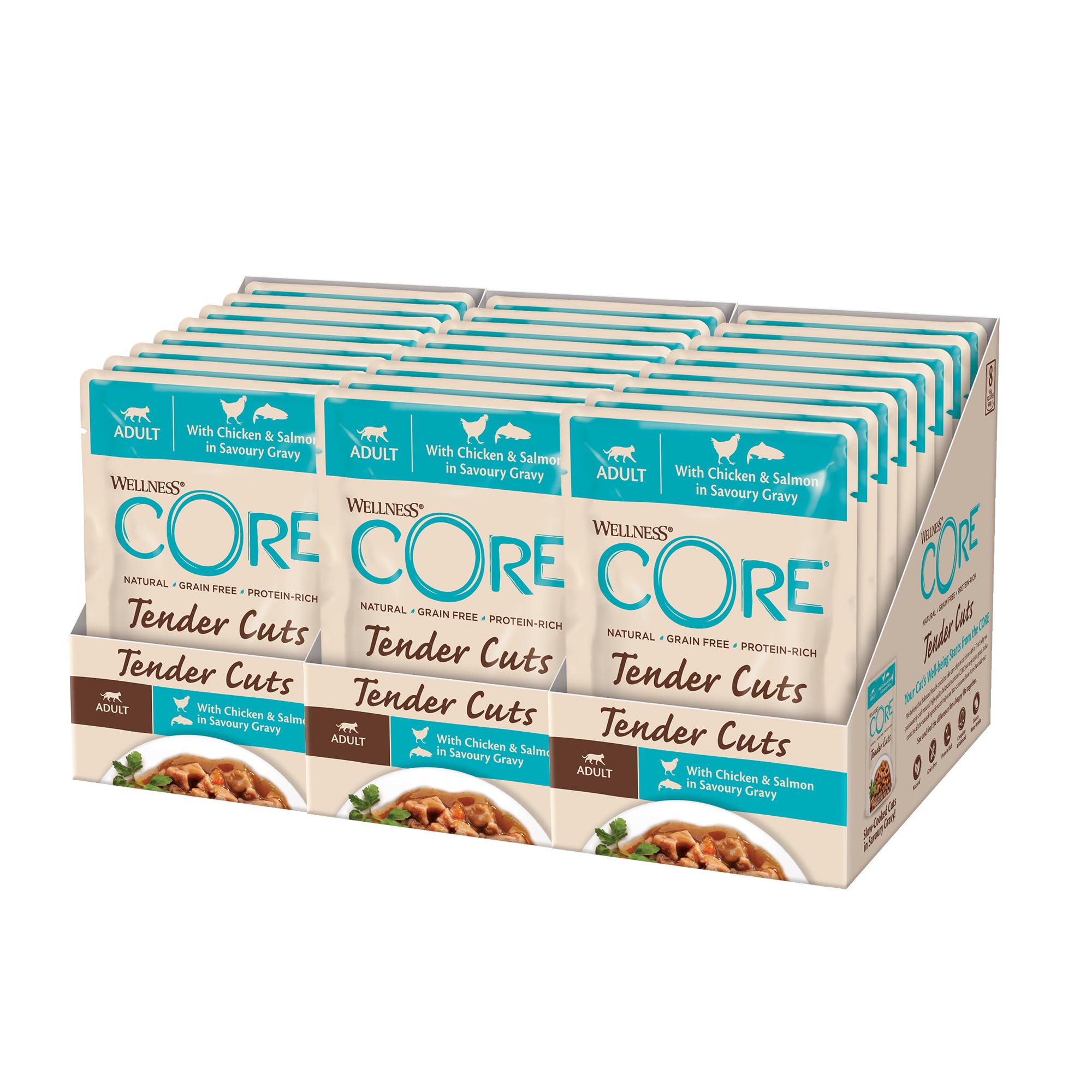 Wellness CORE Tender Cuts 24 x 85g, Chicken & Salmon – Wet Cat Food, Tender Pieces in Sauce, Grain-Free, Natural, Hypoallergenic, Protein-Rich, High Meat Content