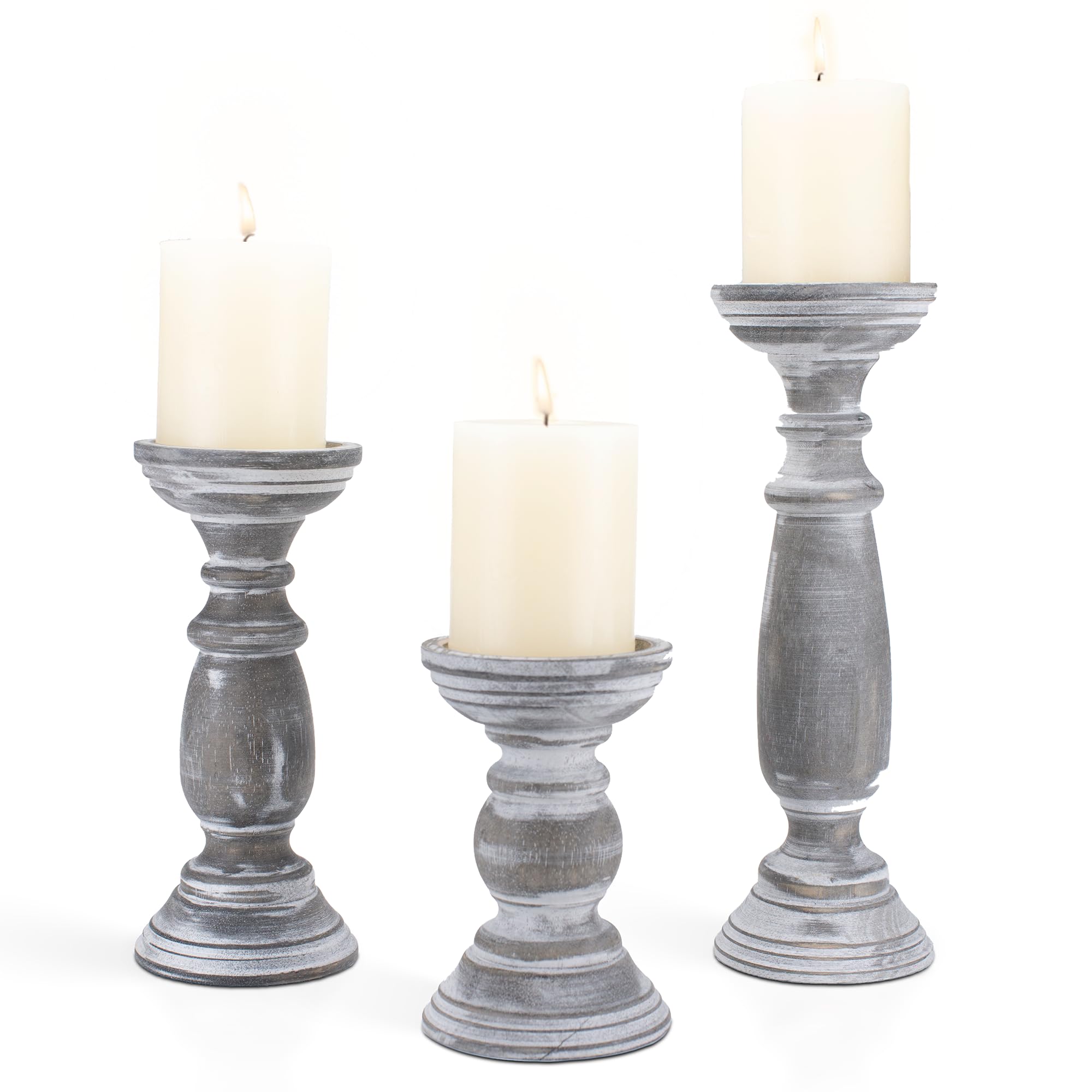 Photo 1 of Rustic Wooden Pillar Candle Holders Set of 3, 12'' 9'' 6'' Farmhouse Wood Candle Stand for Table Centerpieces, Vintage Tall Candleholders Fireplace Mantel Decor for Living Room, Grey