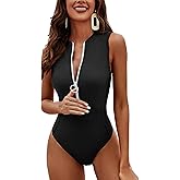 Charmo One Piece Swimsuit Women Zipper Bathing Suit Mock High Neck Full Coverage Racerback Rash Guard Swimwear 80s 90s