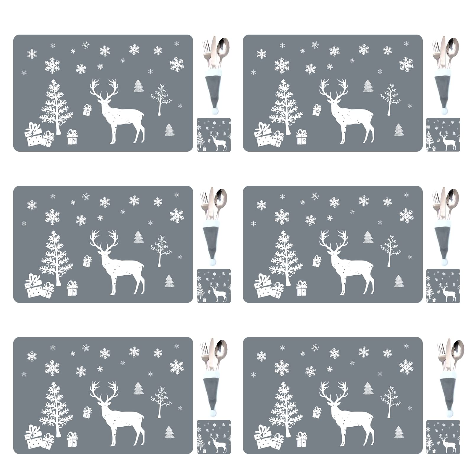 Christmas Placemats Set - 18Pcs Coasters Cutlery Set, Heat Resistant Waterproof Xmas Table Mats for Dining Table Decoration (A)