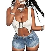 SOLY HUX Women's Y2k Buckle Crop Top Scoop Neck Asymmetrical Tank Shirts Rave Outfits