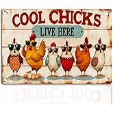 Chicken Metal Decor Sign Vintage Metal Tin Sign Wall Art Decor Cool Chicks Live Here Chicken Coop Signs Accessories for Outdoor Decorations Gifts for Women and Hen Lovers 8 X 12 Inch