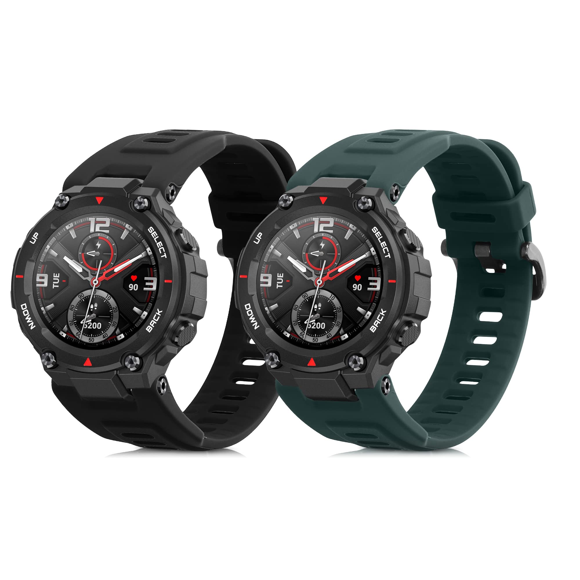 kwmobile 2x Straps for Huami Amazfit T-Rex/T-Rex Pro Watch Strap - Silicone Replacement Watch Strap Set - Replacement Bands Black/Dark Green