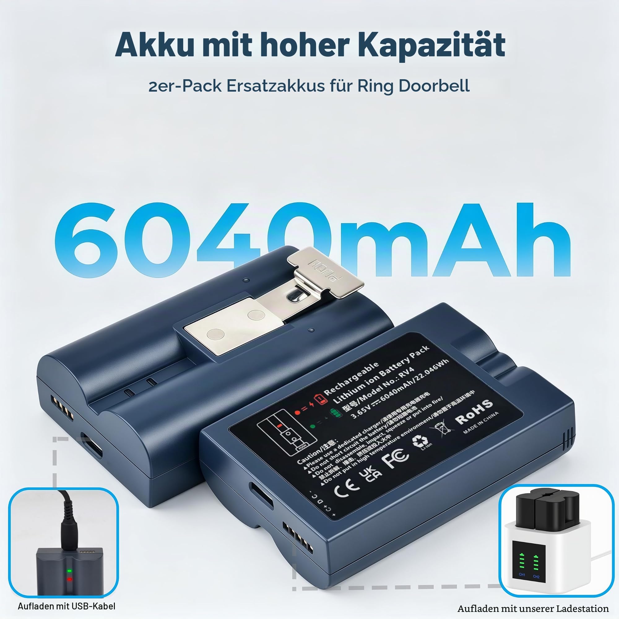 2 Stück 6040mAh Akku und Ladegerät für Ring Video Doorbell 2/3/4/3 Plus Kamera, Stick Up Cam (2. und 3. Gen), Auch für Spotlight Cam und Peephole Cam 7