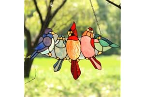 HomeBeauty PA0011 Tropical Birds on The Wire Stained Glass Window Panel Tiffany Style Hangings Suncacher with Chain, 12X7.6 Inches, Art Glass Decoration for Window Wall Garden