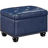 Convenience Concepts Designs4Comfort 5th Avenue Upholstered Storage Ottoman 24" - Contemporary Foot Stool and Seat with Hinged Lid for Living Room, Dining Room, Office, Den, Blue Faux Leather