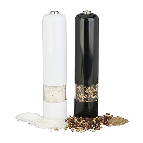 Relaxdays Pfeffermühle Elektrisch, mit Licht, 2er Set, Gewürzmühle, Kunststoff, batteriebetrieben, schwarz/weiß