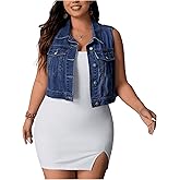 MakeMeChic Women's Plus Size Denim Vest Button Down Flap Pocket Jean Sleeveless Collar Crop Jacket Cowgirl Outfits