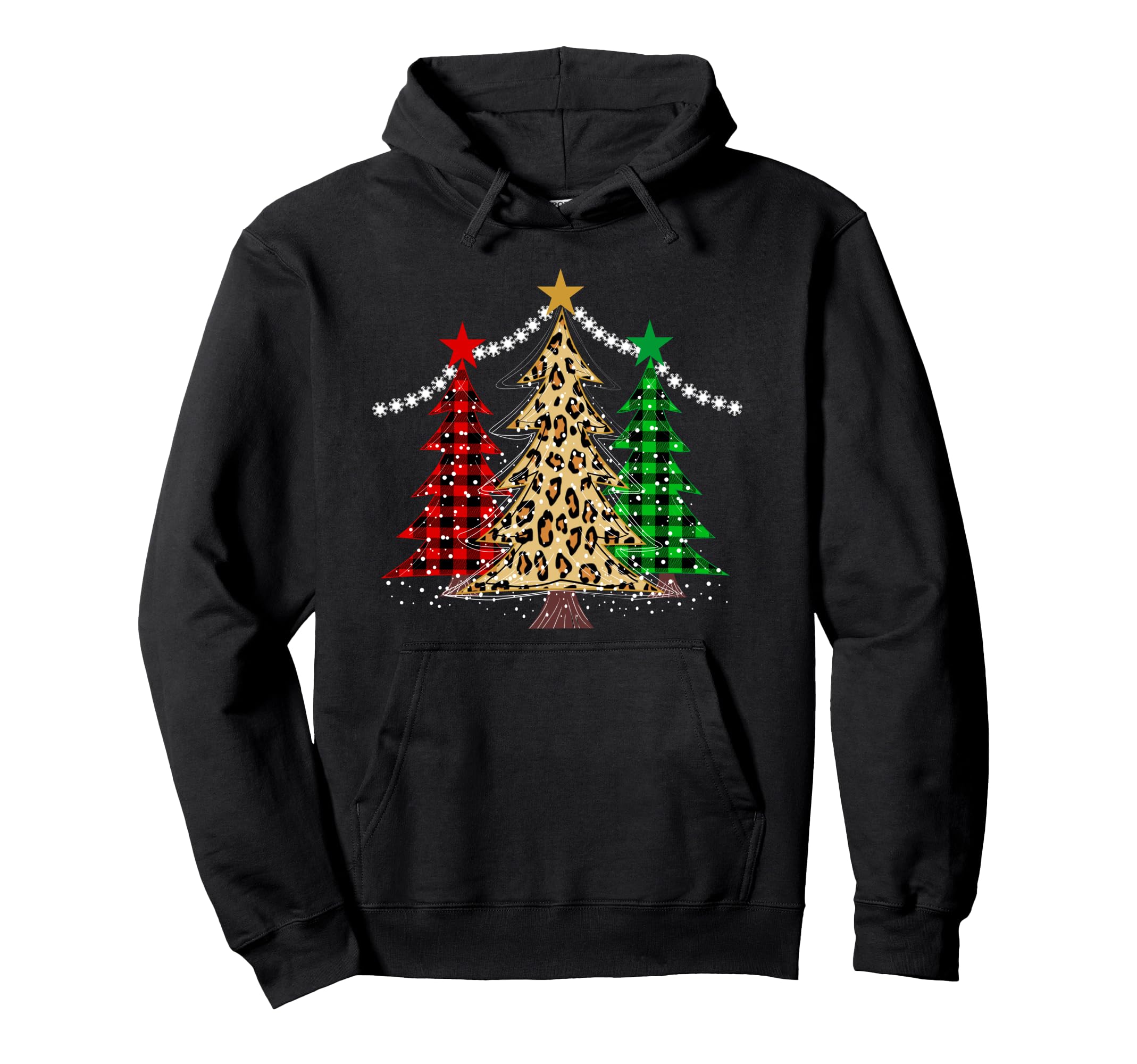 Christmas Tree Leopard &Buffalo Plaid Xmas Tree Lights Decor Pullover Hoodie