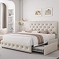Full Size Bed Frame with 4 Storage Drawers and Adjustable Headboard, Upholstered Platform Bed with Button Tufted Design, Strong Wooden Slats Support, No Box Spring Needed, Fabric, Cream