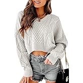 Tankaneo Women's V Neck Cropped Sweater Long Sleeve Crop Top Cable Knit Oversized Pullover Sweater