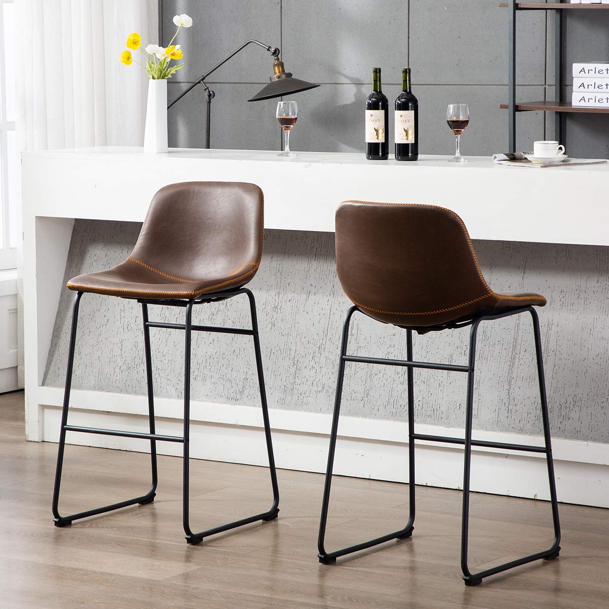 Sale Outlet Jl Comfurni Upholstered Bar Stools Kitchen Chair Set Of 2 Mid Century Modern Style Black Metal Base Brown Faux Leather Bucket Seat Supply Quality Product Portaljassehcodecampcom