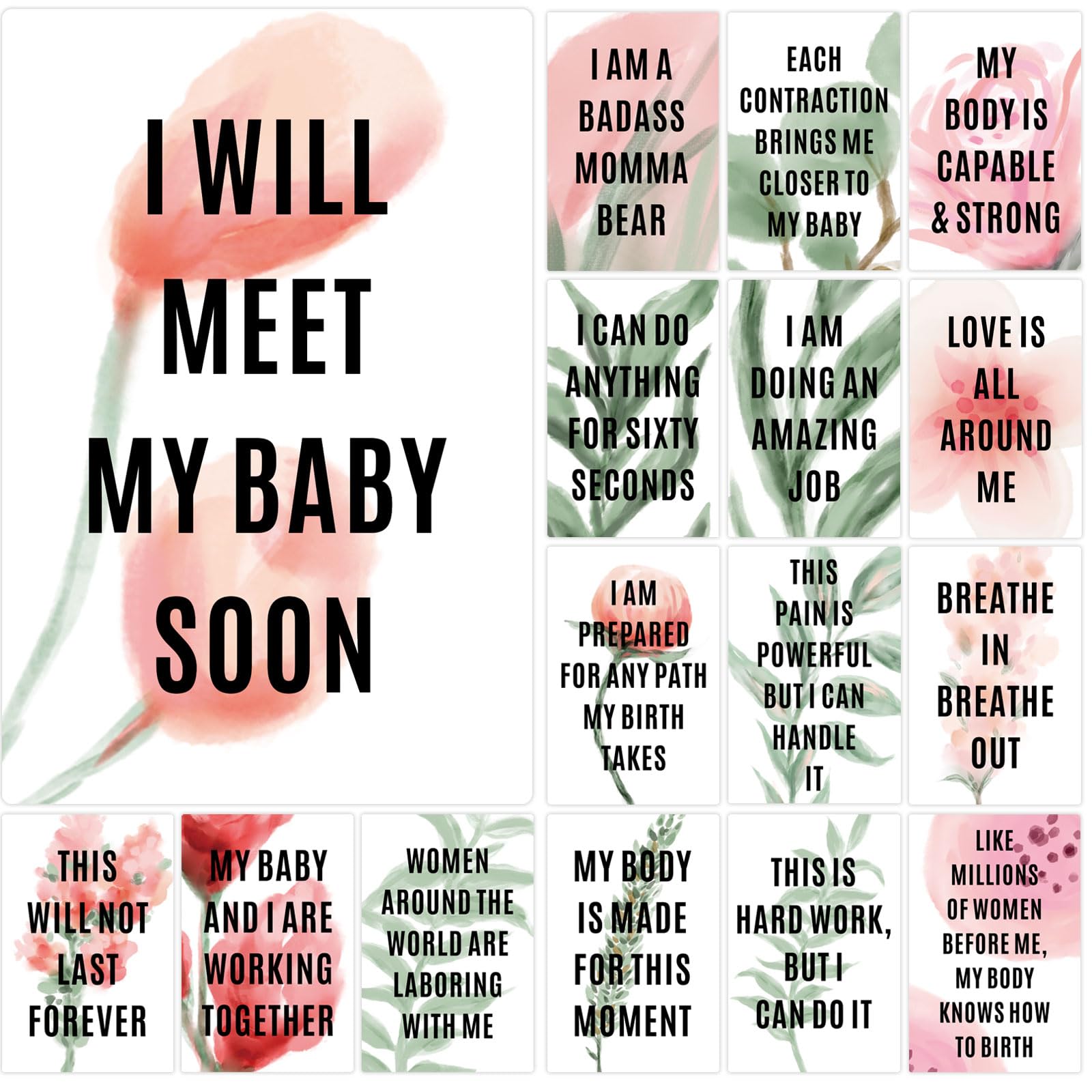 Joyfulmap 16 Birth Affirmation Cards - 4 x 6-inch Greenery for Women Premium Positive Hypnobirthing Mantra Laboring Mother Deck Pregnant Moms, Baby Shower Gifts and Labor