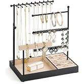 Emibele Jewelry Necklace Holder, 5 Tier Jewelry Organizers and Storage | Earring Bracelet Holder, Jewelry Display with Metal Frame Velvet Ring Tray, Aesthetic Jewelry Stand Gifts for Women, Black