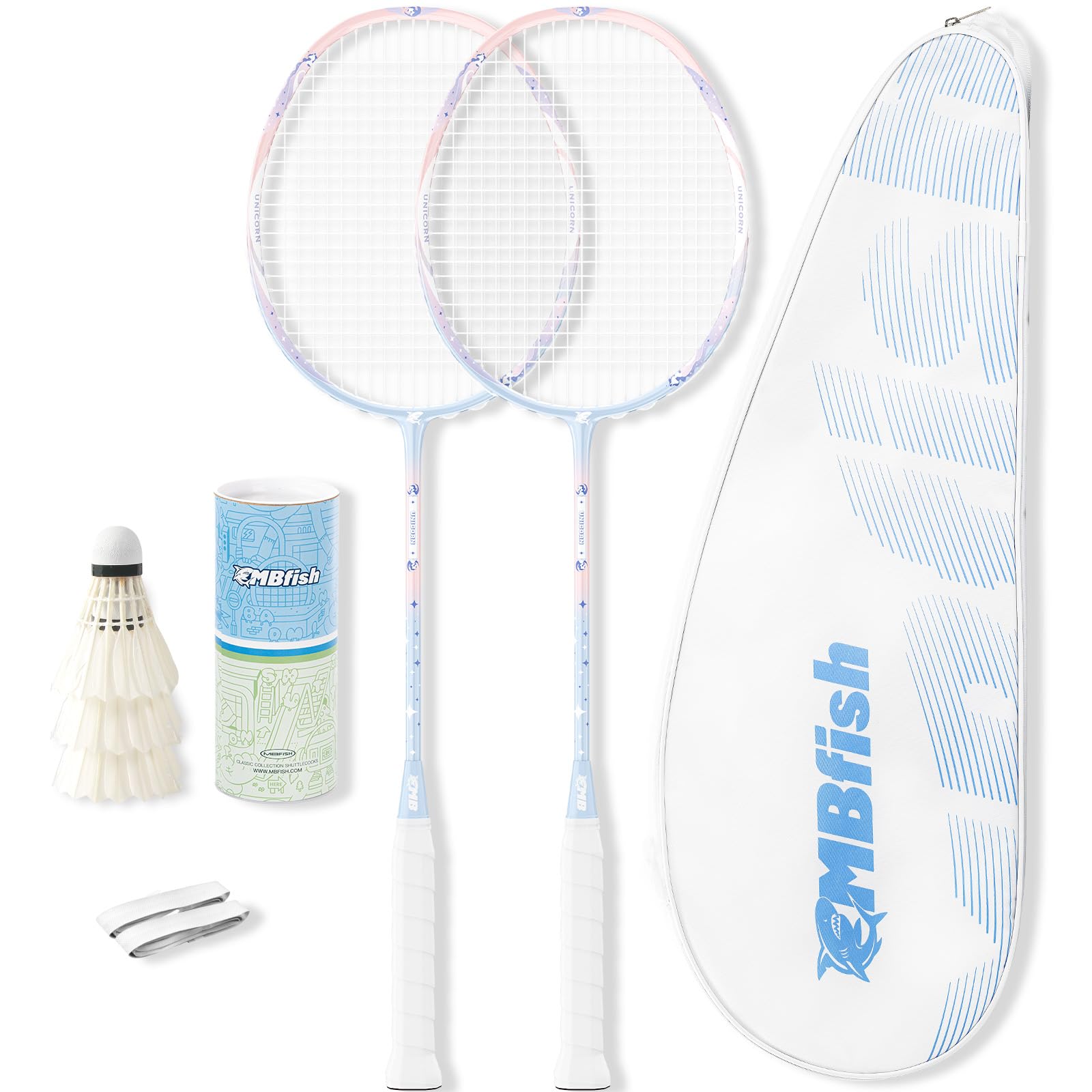 Photo 1 of MBFISH Badminton Racket Set with 2 Carbon Fiber Rackets, 3 Shuttlecocks, 2 Replacement Racket Grip Tapes and 1 Badminton Bag - Perfect for Beginners & Outdoor Games 4U Unicorn 2P