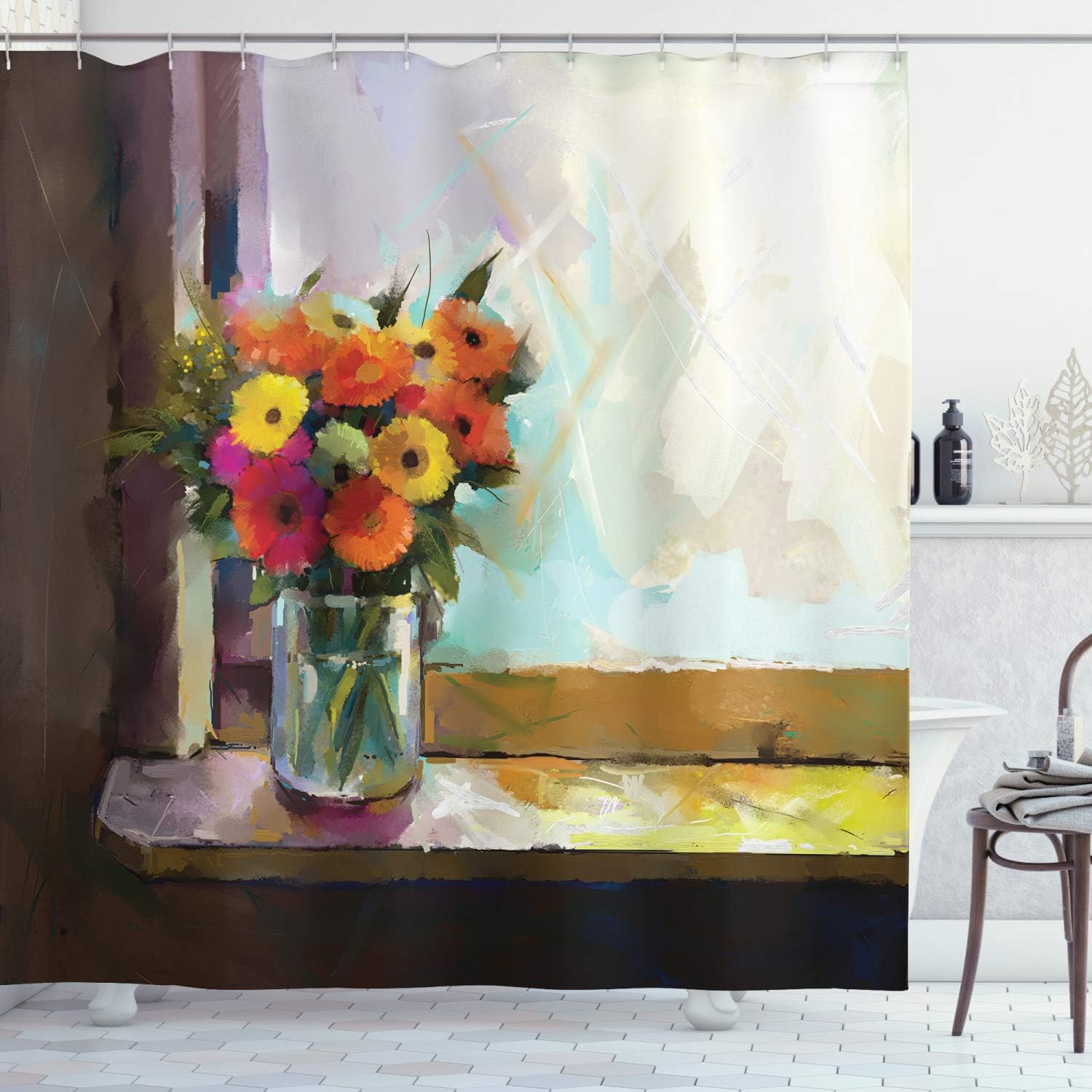 Amazon Com Ambesonne Gerber Daisy Shower Curtain Colorful Bouquet Of Gerberas In A Vase In Front Of The Window Painting Style Cloth Fabric Bathroom Decor Set With Hooks 84 Long Extra Multicolor Home