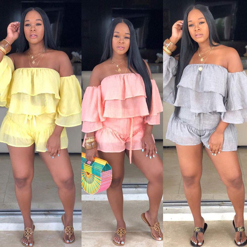 Womens 2 Piece Outfits - Cute Off Shoulder Ruffle Tops + Shorts Suit Sets Yellow