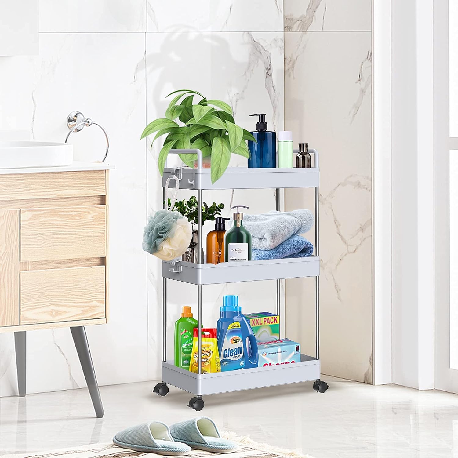 SOLEJAZZ Rolling Storage Cart 3-Tier Mobile Shelving Unit Bathroom Carts with Handle for Kitchen Bathroom Laundry Room, Gray: Kitchen & Dining