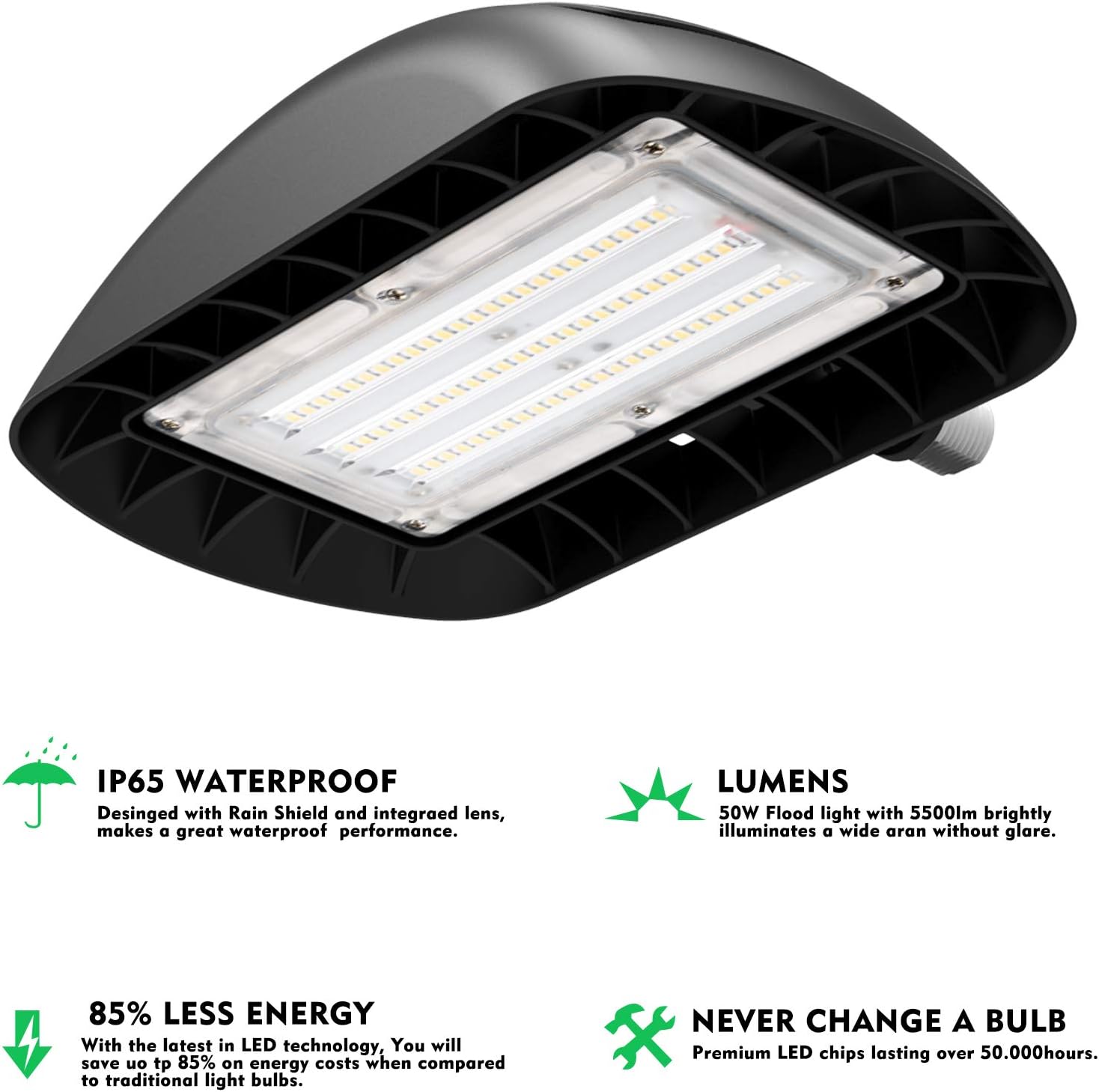 bulbeats Durable 50W LED Flood Light with Knuckle Mount, 5500LM Super Bright, 5000K Daylight, IP65 Waterproof Security Light for Outdoor Security Lighting: Home Improvement