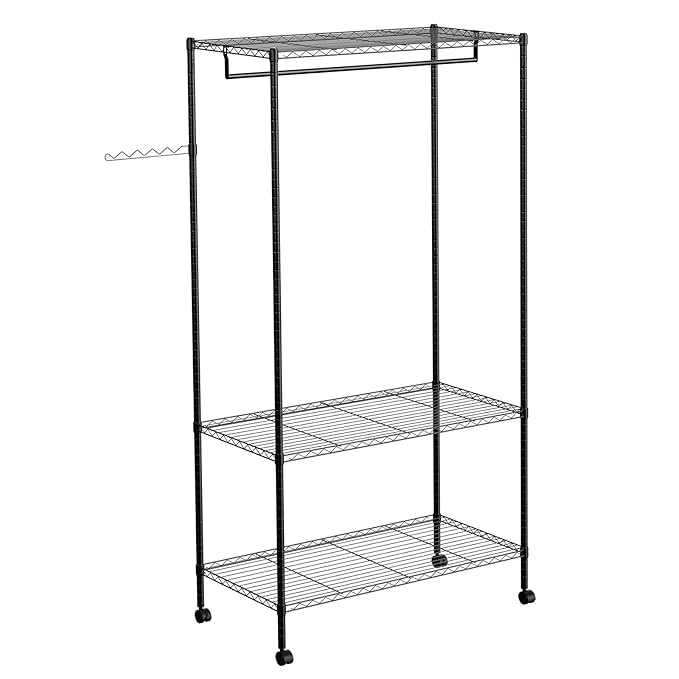 SONGMICS Perchero metálico Barra para Colgar Ropa Armario con Ruedas Estantes Ajustables 3 Baldas, Negro 90 x 45 x 185 cm LGR45P