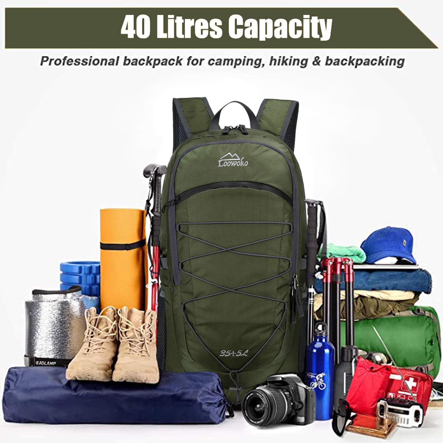 Loowoko Unisex 40L Backpack Lightweight Packable Daypack for Hiking Backpacking Camping Traveling: Clothing