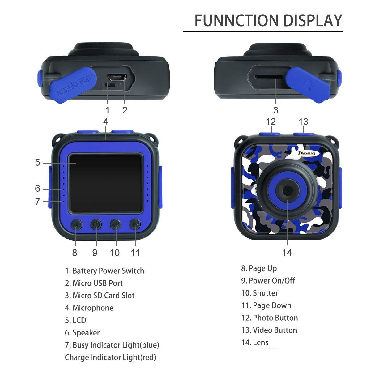 DROGRACE Kids Camera Waterproof HD Action Cam Digital Camera 1080P Underwater Sports Camera Camcorder DV for Girls Boys Birthday Holiday Gift Learn Camera Toy with 1.77 Inch LCD Screen (Blue)