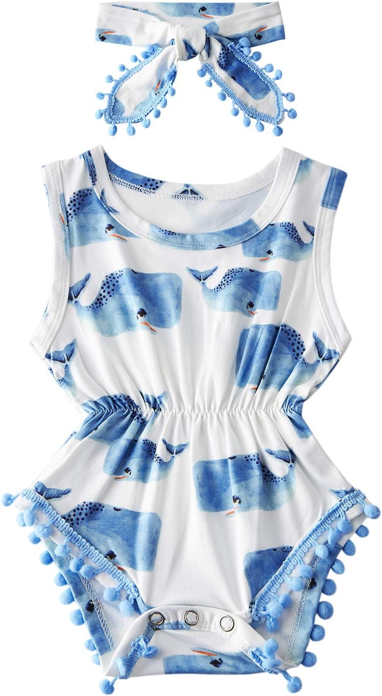 Ahegao Baby Girls Floral Jumpsuit Infant Romper Toddler Playsuits + Headband Outfits for 0-24 Months