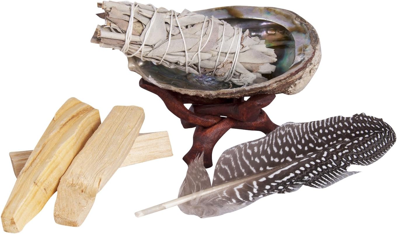 Spiritual Smudging Kit with White Sage Bundle, Palo Santo, Abalone Shell, Stand, Guinea Feather