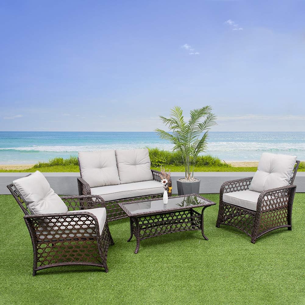 Crestlive Products 4 Pieces Outdoor Furniture Set, PE Wicker Sofa Set, Patio Conversation Set with Coffee Table and Padded Cushions for Garden, Lawn, Pool, Backyard (Brown Wicker, Gray Cushion)