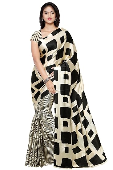 Women's Crepe Saree with Blouse Piece (Black and White)
