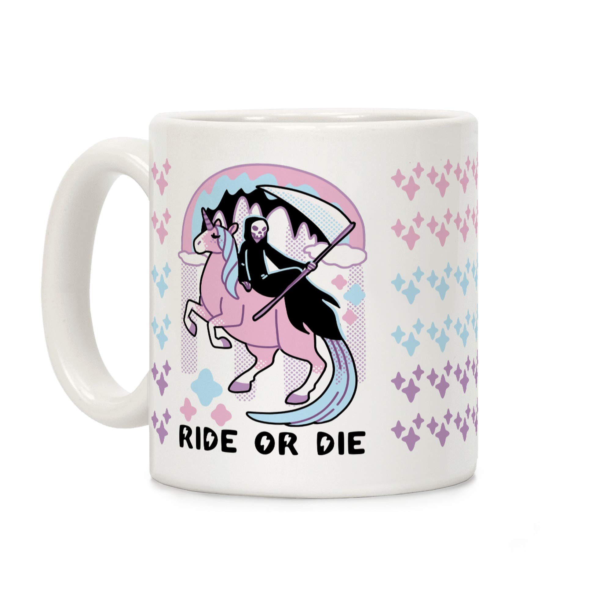 LookHUMAN Ride or Die - Grim Reaper and Unicorn White 11 Ounce Ceramic Coffee Mug