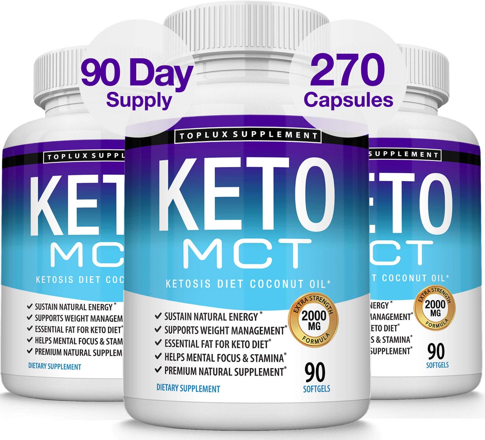 Keto MCT Oil Capsules Ketosis Diet - 2000mg Natural Pure Coconut Oil Extract Pills to Support Ketogenic Diet, Vegan, 90 Softgels, Toplux Supplement (3 Pack)