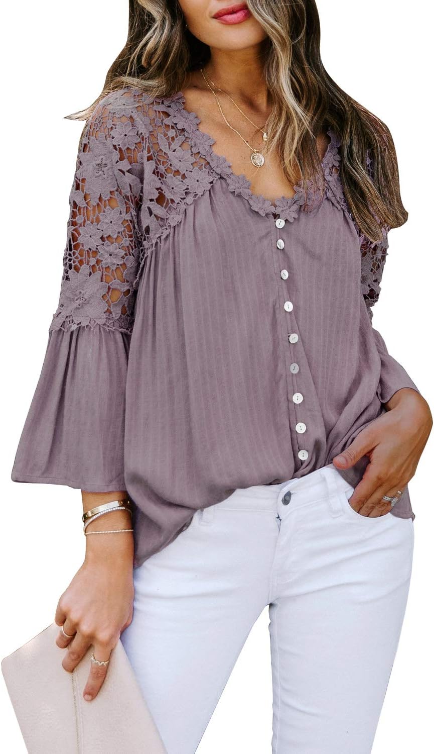 FARYSAYS Women's Tops Lace Crochet V Neck Button Down Bell Sleeve Shirts Casual Loose Blouses