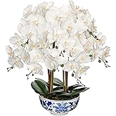 Briful Large Orchid Fake Flower in Blue and White Porcelain Bowl 24.8" White Orchid Silk Floral Arrangement Faux Phalaenopsis Flower for Home Office Room Kitchen Table Centerpiece Decor