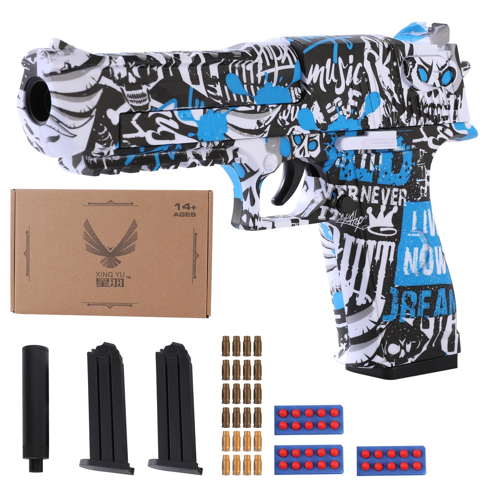 Shell Ejecting Toy Pistol – Graffiti Style Multicoloured Blaster Gun with Soft Foam Bullets,26+ Feet Shooting Range, 2 x Magazines & Extra Ammo Outdoor Kids Gadget (Blue Graffiti)