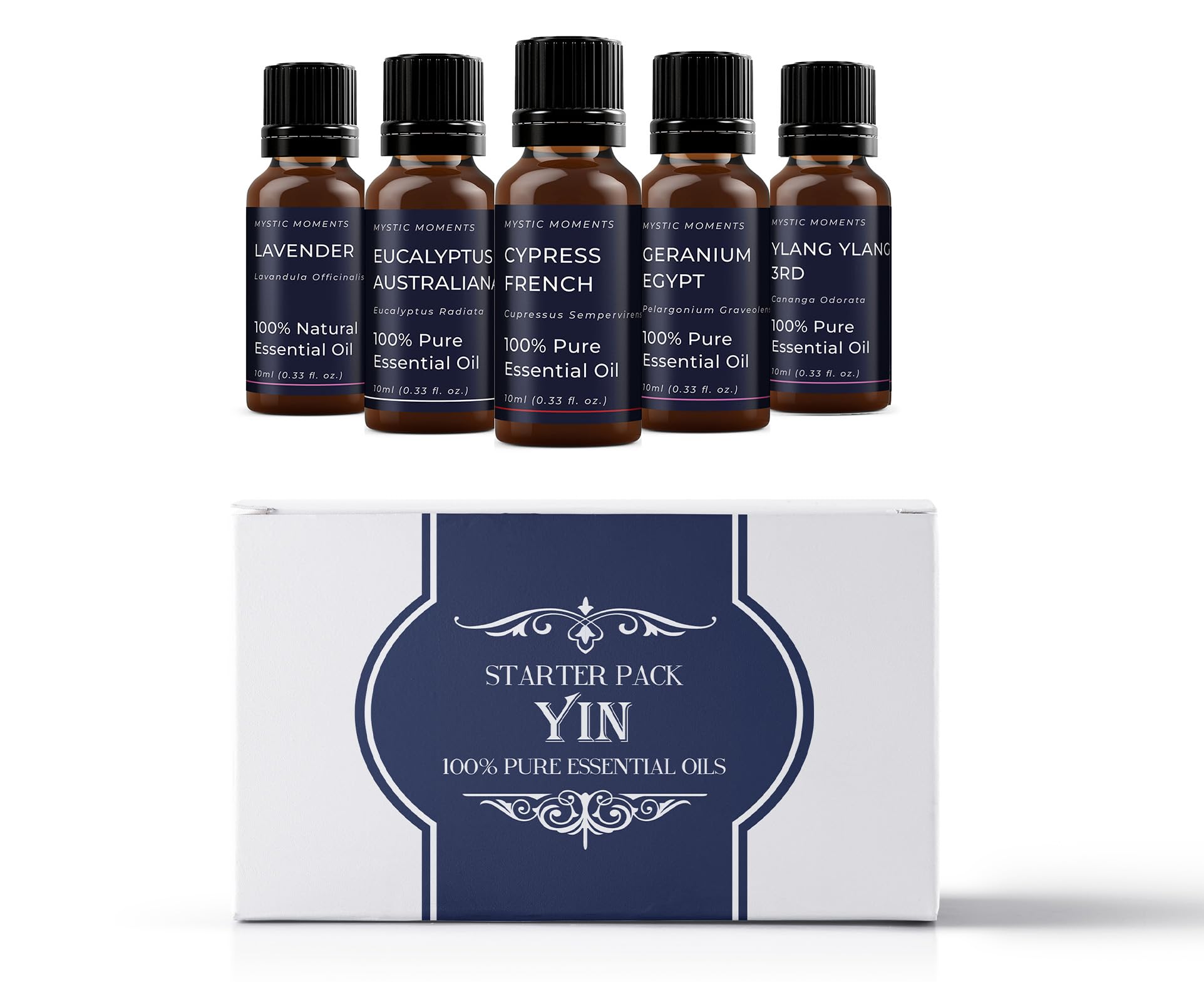 Mystic Moments | Yin Essential Oils Gift Starter Pack | 5 x 10ml 100% Pure Aromatherapy Oils | Eucalyptus Australiana, Geranium Egypt, Lavender, Cypress French & Ylang Ylang 3rd