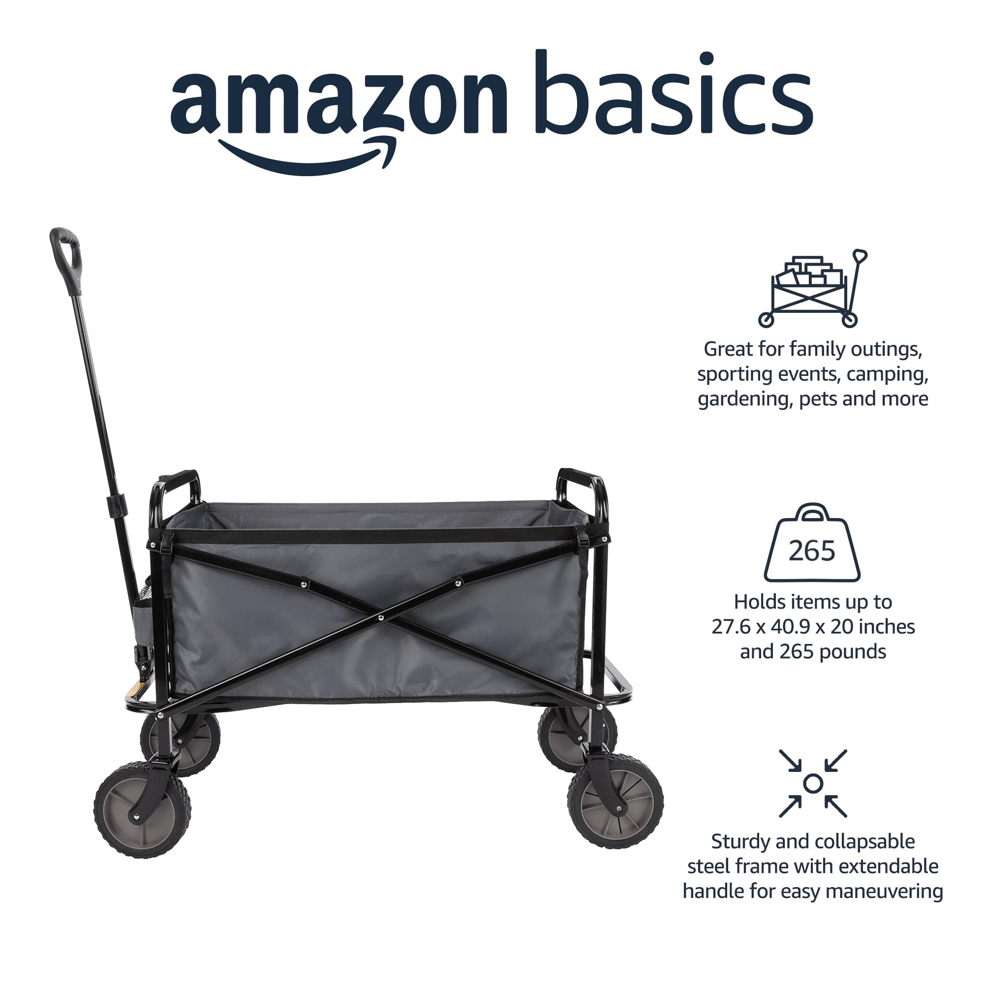 Amazon Basics Zusammenklappbarer Bollerwagen für den Garten, faltbar, mit Abdeckung, für den Außenbereich, 70.1 x 103.89 x 50.8 cm, Grau 2