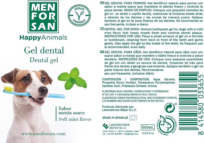 Gel dentário para cães | Gel Natural de Pasta de Dentes | Fresh Breath | Controla a Placa Dentária | Sabor a Hortelã | Inclui presente de dedal | 60 ml