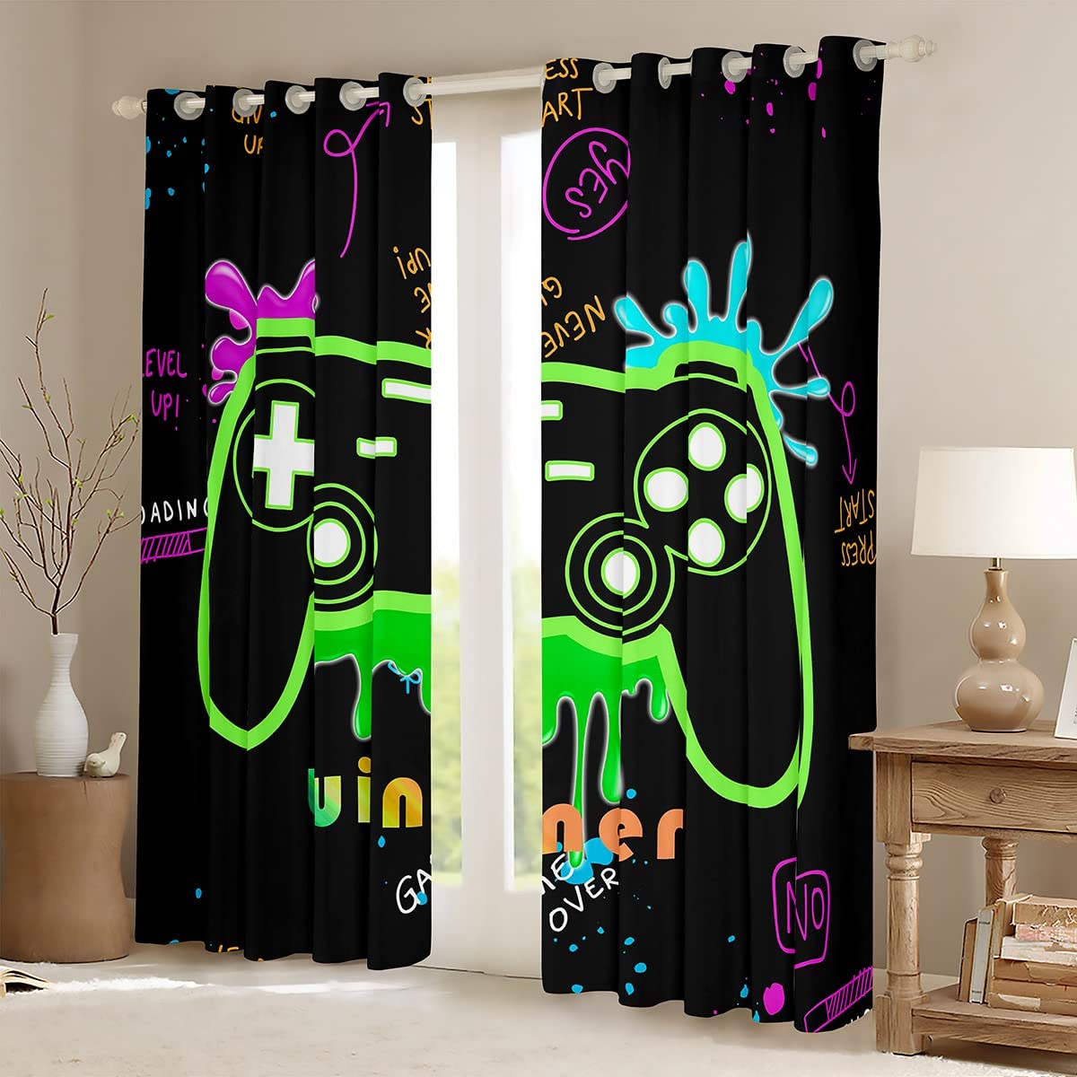 Homemissing Graffti Gamer Dreapes Fluorescent Green Gaming Curtains for Bedroom Living Room Kids Boys Gamepad Blackout Curtains(30%-50%) Modern Game Console Controller Window Treatments W46*L72